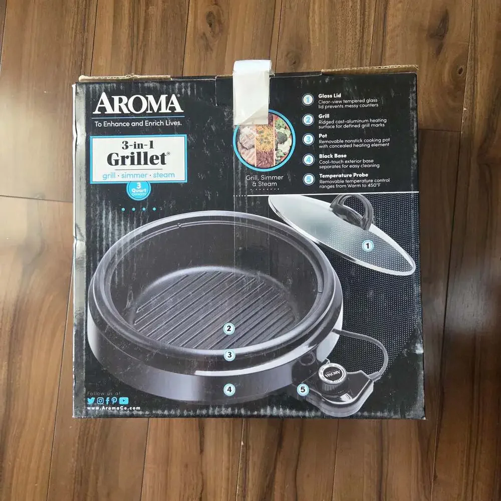 Aroma 3-in-1 Grillet Electric Grill Simmer Steam 3-Quart ASP-137B